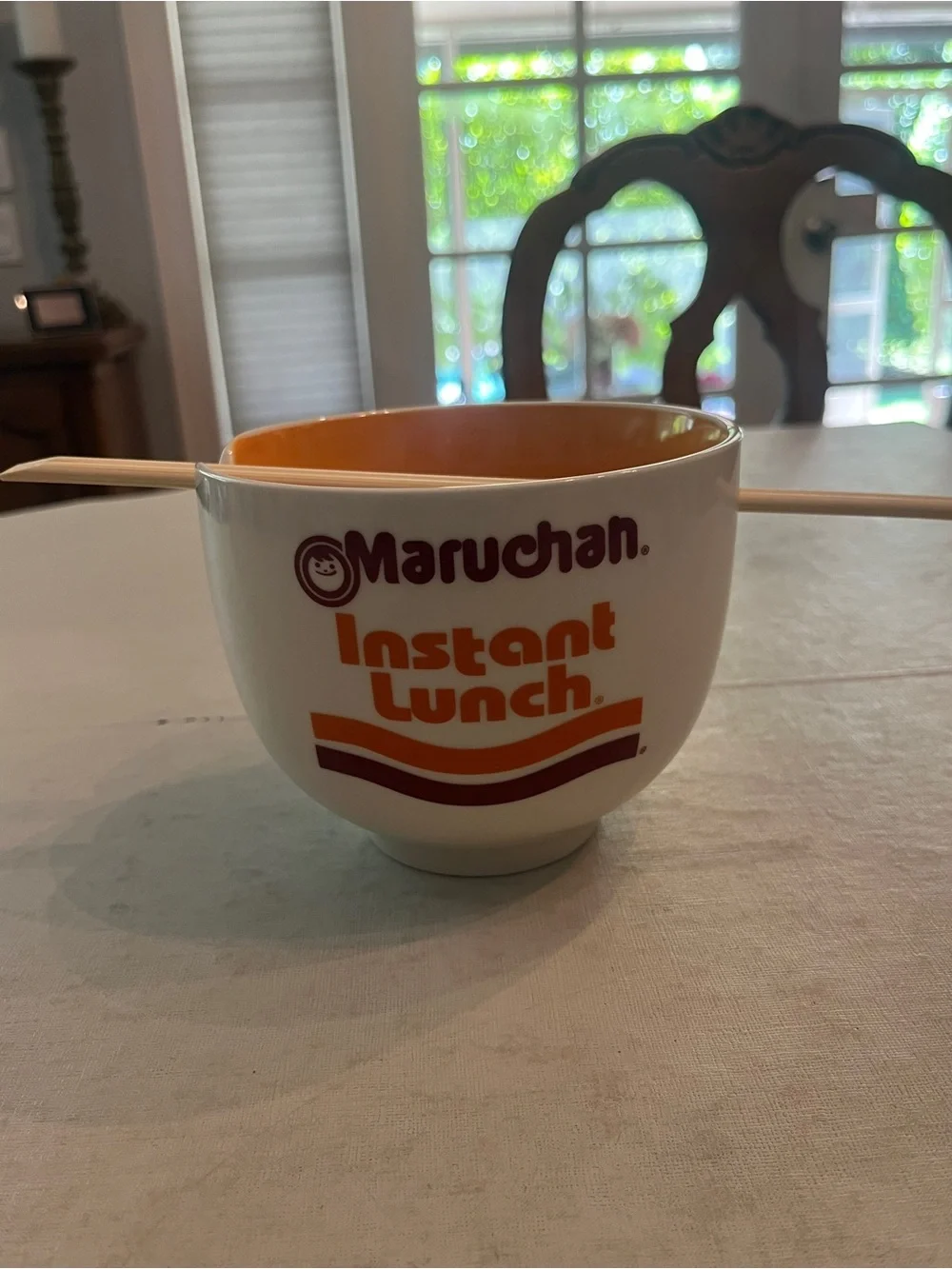 Classic Instant Lunch White & Orange Ceramic Ramen Bowl. W/ chopsticks